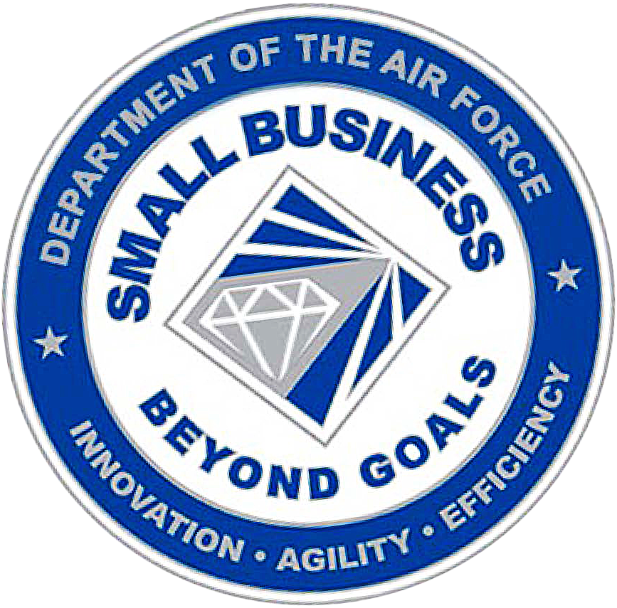 Circular graphic in grey white black and blue color depicting the small business programs logo